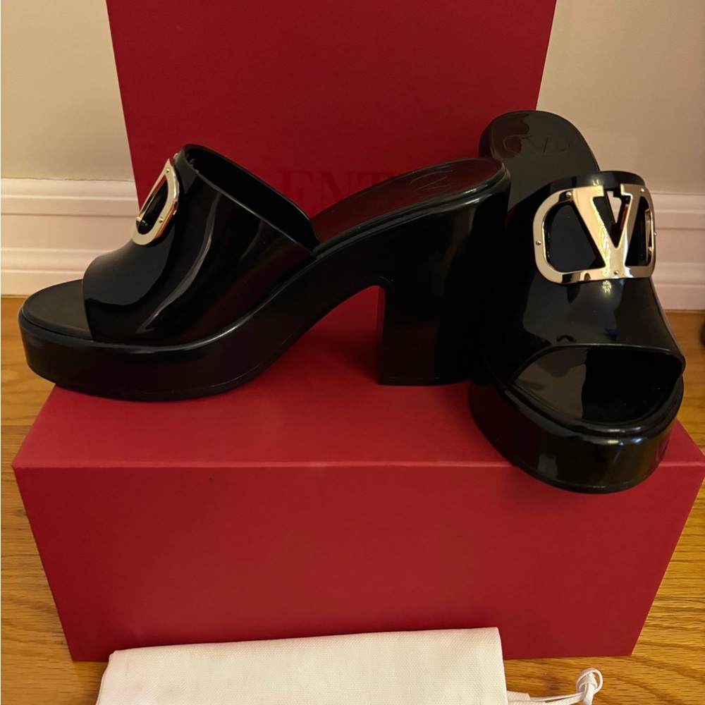 Valentino Black Patent Leather Mules with Gold Logo